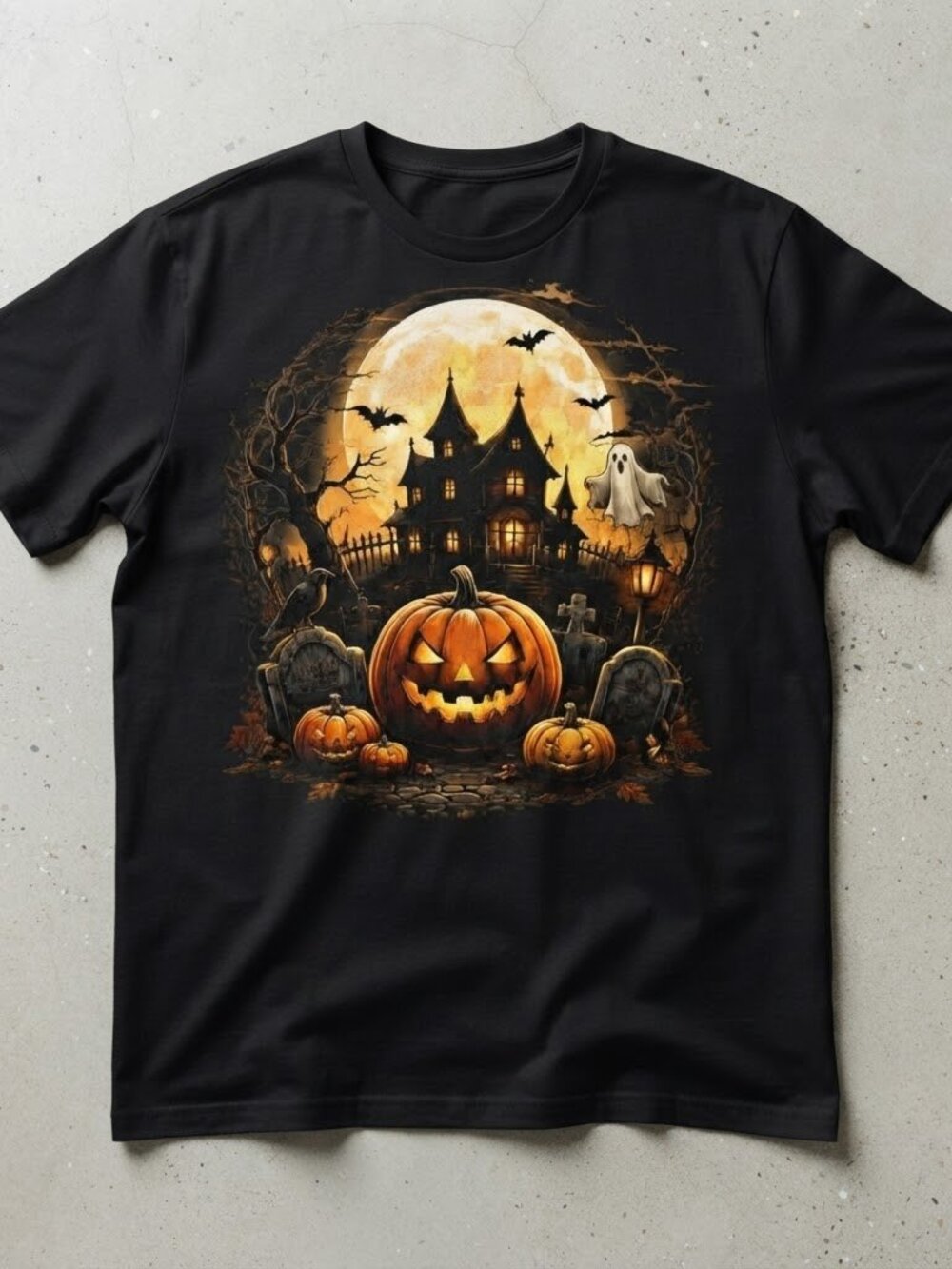 Halloween Spooky Haunted House Pumpkin Full Moon Graphic Black T-Shirt Unisex
